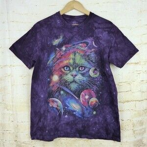 The Mountain T-Shirt Womens L Purple Tie Dye Cosmic Cat Galaxy Classic Cotton